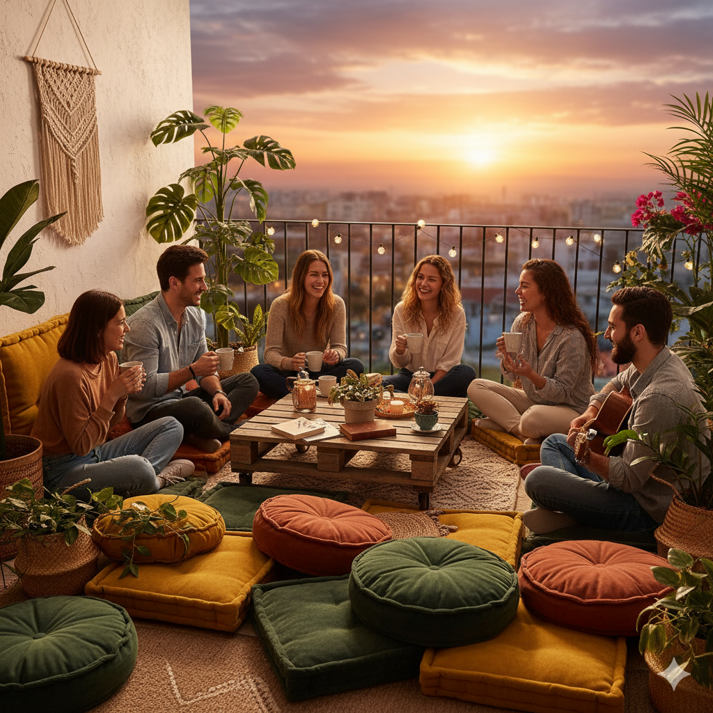 Bohem balkon dekorasyonu Balkon Dekorasyonunda Yer Minderi Kullanımı